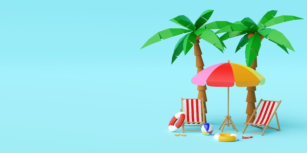 Summer vacation concept, Beach umbrella, chairs and accessories under palm tree on blue background, 3d illustration