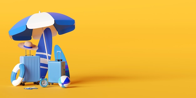 Summer vacation concept, Beach umbrella and travel accessories on yellow background, 3d illustration