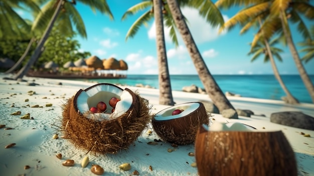 Summer vacation concept at the beach with coconuts cradles and sea