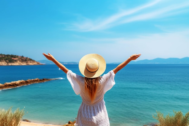 Summer vacation concept at the beach A woman in a hat relaxes with her arms raised