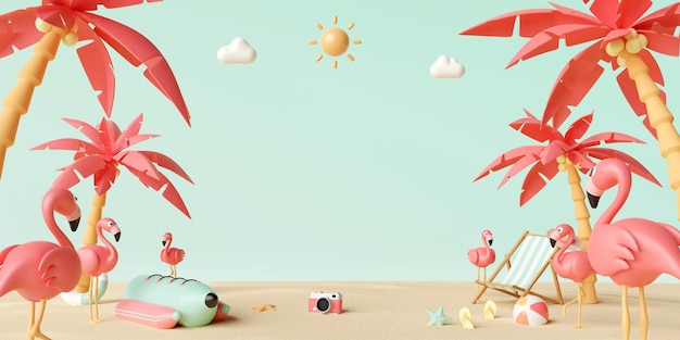 Summer vacation concept Flamingo beach chairs and accessories under palm tree with copy space