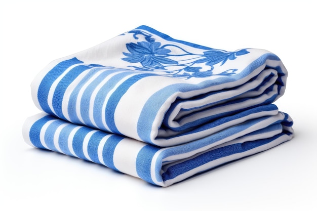 A summer vacation concept at a hotel is depicted in an image of a beach towel with blue stripes neat