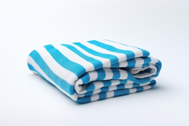 A summer vacation concept at a hotel is depicted in an image of a beach towel with blue stripes neat