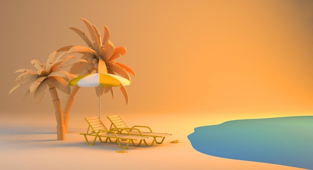 Summer vacation concept with beach loungers on the shore and palm trees Copy space 3D illustration