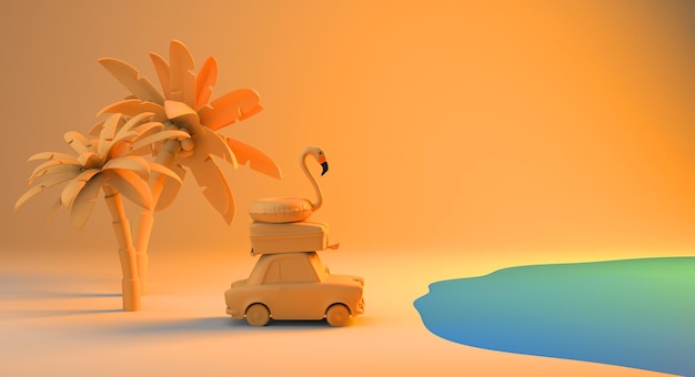 Summer vacation concept with car suitcase and flamingo inflatable float on the beach Copy space