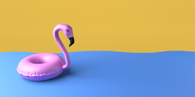 Summer vacation concept with flamingo float floating in the sea Copy space 3D Illustration