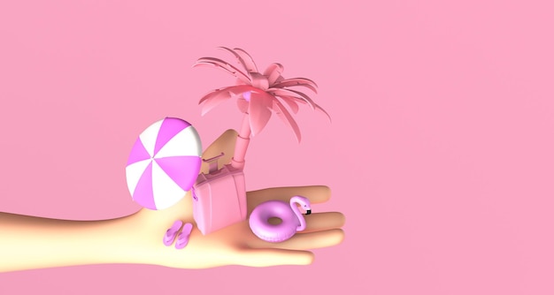 Summer vacation concept with hand holding beach chair umbrella and flamingo float Copy space