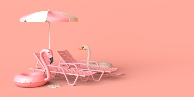 Summer vacation concept with umbrella play loungers and flamingo and swan floats Copy space