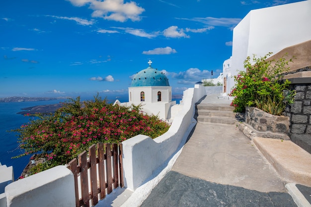 Summer vacation panorama, luxury famous Europe destination. White architecture in Santorini, Greece.