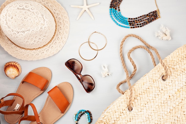 Summer vacation, travel, tourism concept flat lay