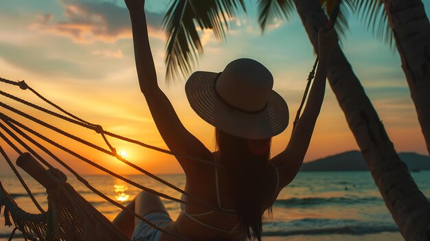 Summer vacations concept Happy woman with white bikini hat and shorts Jeans relaxing Generative AI