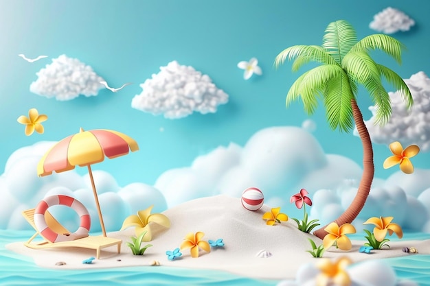 Summer vector illustration pile of sand coconut trees beach umbrella beach chair beach ball on the background of clouds and sandy beach