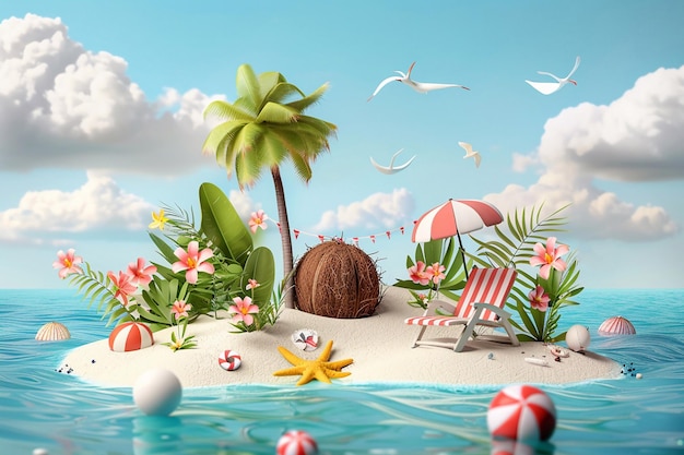 Summer vector illustration pile of sand coconut trees beach umbrella beach chair beach ball on the background of clouds and sandy beach