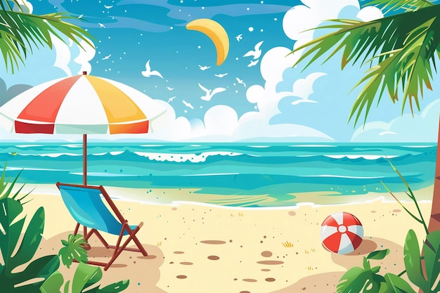 Summer vector illustration pile of sand coconut trees beach umbrella beach chair beach ball on the background of clouds and sandy beach