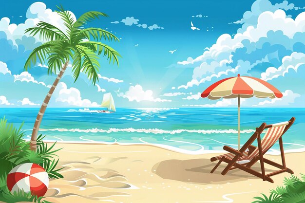 Summer vector illustration pile of sand coconut trees beach umbrella beach chair beach ball on the background of clouds and sandy beach