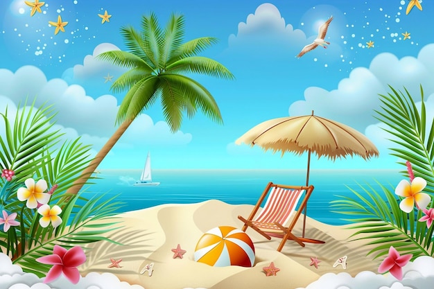 Summer vector illustration pile of sand coconut trees beach umbrella beach chair beach ball on the background of clouds and sandy beach