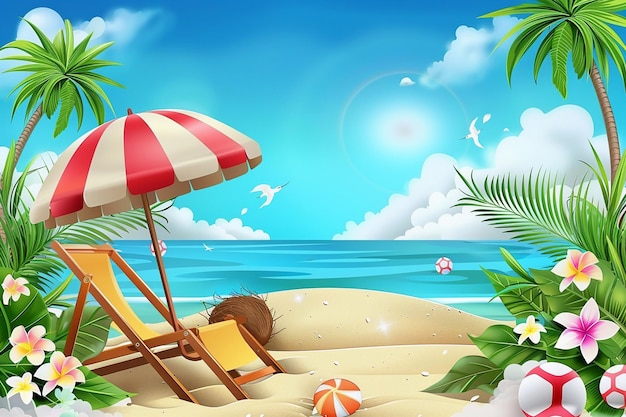 Summer vector illustration pile of sand coconut trees beach umbrella beach chair beach ball on the background of clouds and sandy beach