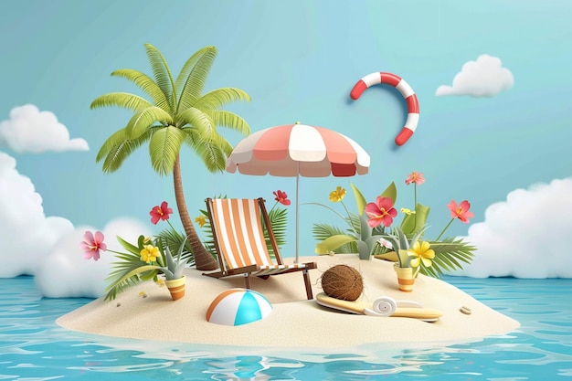 Summer vector illustration pile of sand coconut trees beach umbrella beach chair beach ball on the background of clouds and sandy beach