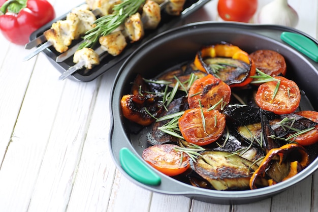 Summer vegetables grilled pan fried eggplant and tomatoes