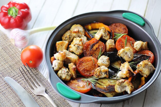 Summer vegetables grilled pan fried eggplant and tomatoes