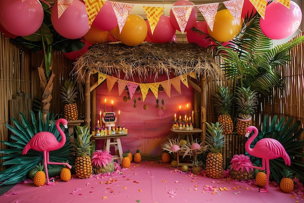 summer vibe bamboo hut with a thatched roof Tiki torches vibrant pink flamingos yellow pineapples