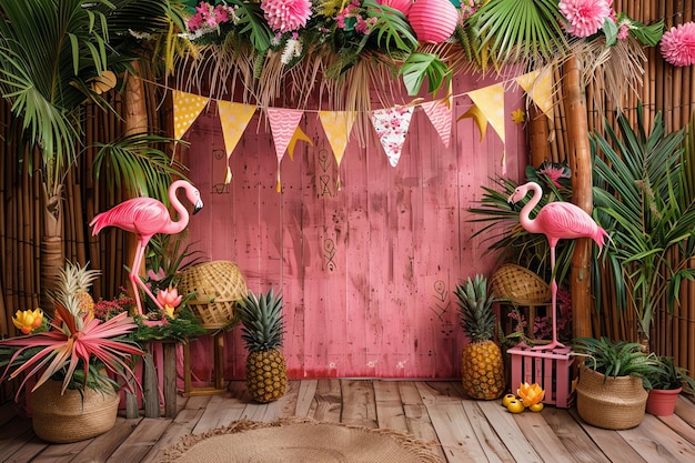 summer vibe bamboo hut with a thatched roof Tiki torches vibrant pink flamingos yellow pineapples