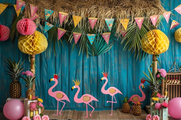 summer vibe bamboo hut with a thatched roof Tiki torches vibrant pink flamingos yellow pineapples