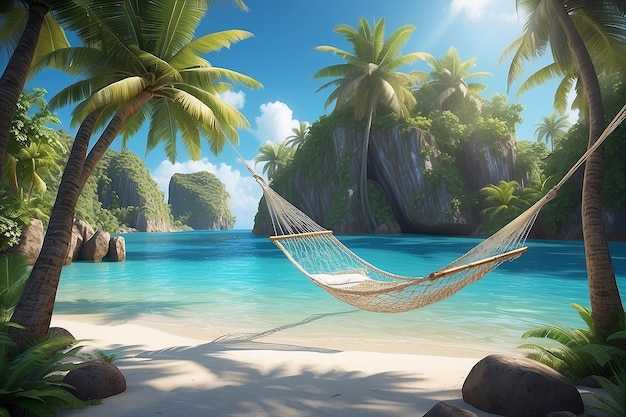 Summer vibe Fantastic landscape with water rocks coconut tree hammock