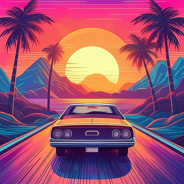 Summer vibes 80s style illustration with car driving and sunset on the beach