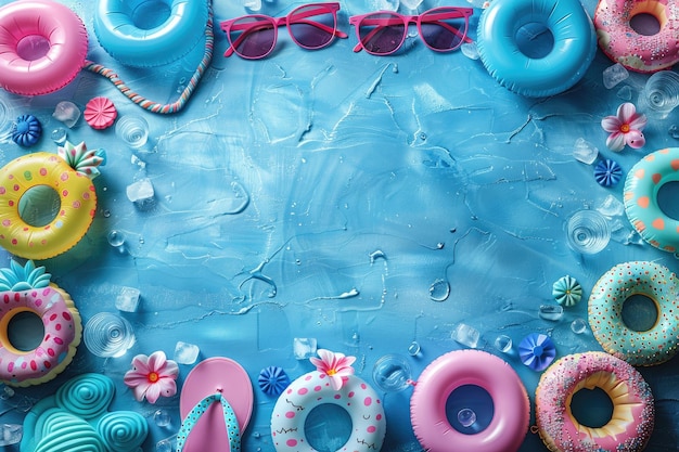 summer vibes concept with colorful pool party accessories background professional photography