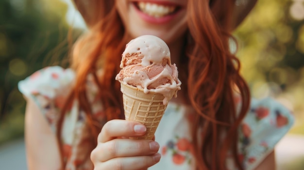 Summer vibes young woman savoring a delicious ice cream outdoors creating a refreshing summer mood