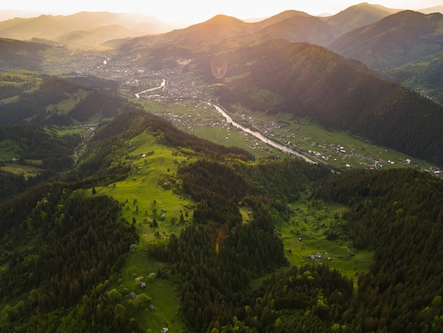 Summer view from flying drone of village VerkhovynaCarpathian mountains Ukraine Europe