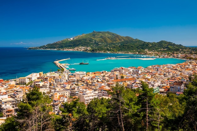 Summer view of Zakynthos Zante town Beautiful cityscape panorama of Greece city