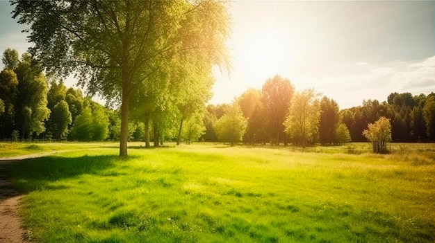 Summer warm landscape with green field and park