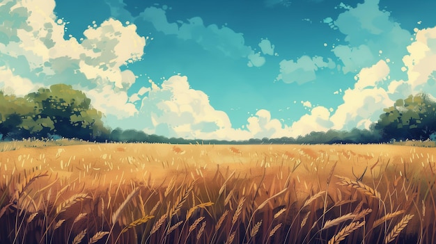 Summer wheat field in rural landscape under blue sky