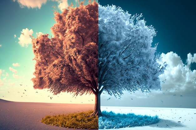 Summer and winter mating parts Abstract collage with mixed different sides of tree with changing seasons