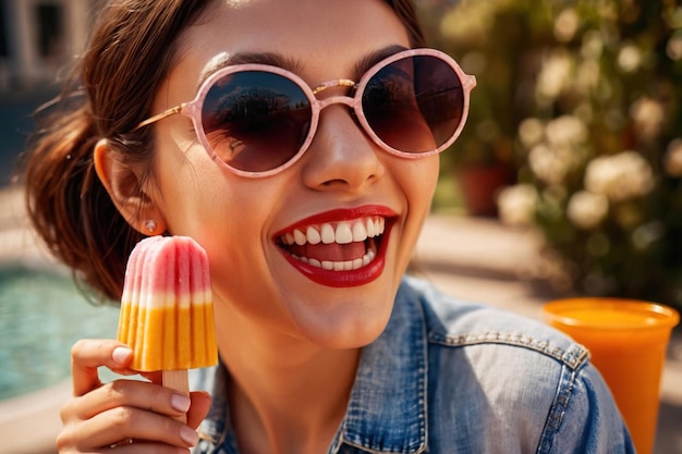 Photo summertime heat woman with sunglasses enjoying frozen ice lolly popsicle treat