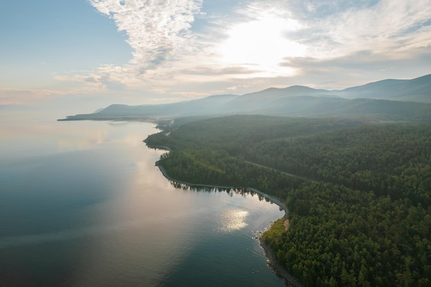 Summertime imagery of Lake Baikal in morning is a rift lake located in southern Siberia Russia Baikal lake summer landscape view Drone's Eye View