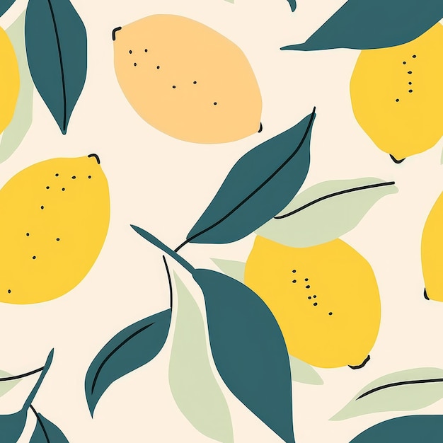 A summertime pattern of lemons and leaves with soft cream background