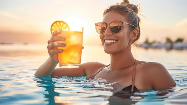 Summertime refreshment with young woman enjoying a beverage in the pool