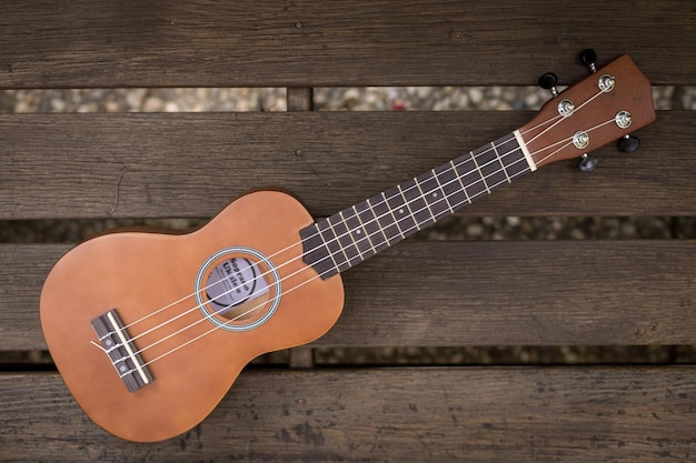 Summertime Ukulele with yellow sunglasses on a wooden park bench