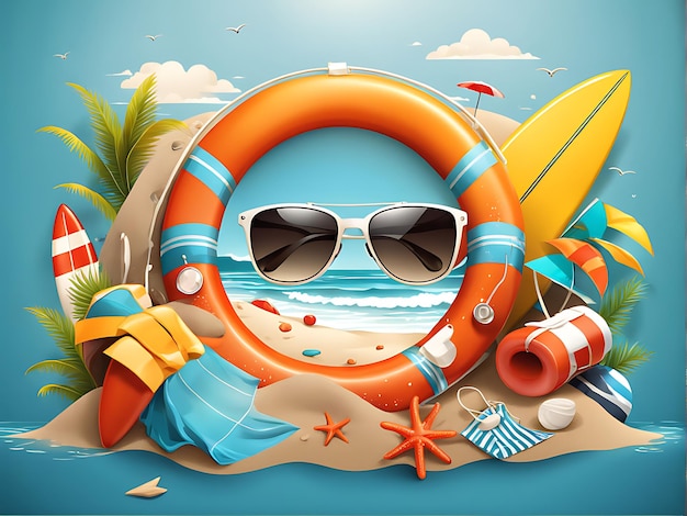 Summertime vector banner design Its summertime text with beach elements like a surfboard etc