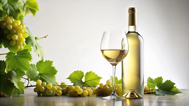 summerWhite wine refreshment vineyard grapevine White wine bottle and glass placed in front of a grapevine on a white background captured from a wide angle perspective