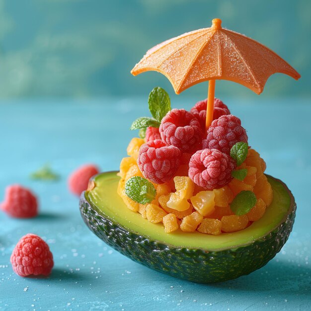 Photo summery avocado boat with raspberries and umbrella