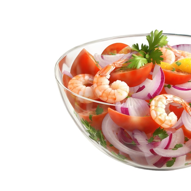 Photo summery ceviche bowl with citrus marinated shrimp tomatoes red onions and cilantro in a clear