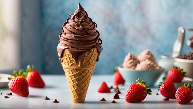 Summery Delight Chocolate Ice Cream Cone with Fresh Strawberries by Jerry Wilkerson