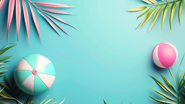 Photo a summery flat lay with green palm leaves and beach balls on a blue background