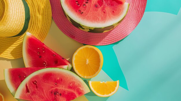 A summery flat lay with watermelon orange and a straw hat