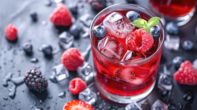 Summery red drink garnished with fresh berry slices and chilled ice cubes