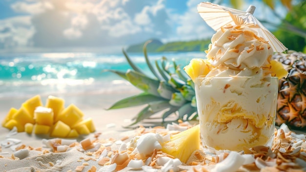 Summery Tropical Delight Vibrant Ice Cream Sundae with Coconut and Mango Flavors on Sandy Beach Background